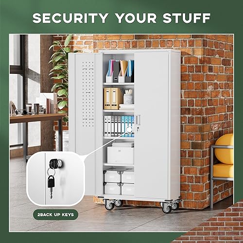 Vista 90 de Greenvelly Armario de almacenamiento de metal para garaje, gabinete de acero negro con bloqueo de 72 pulgadas con puertas y 4 estantes, armarios