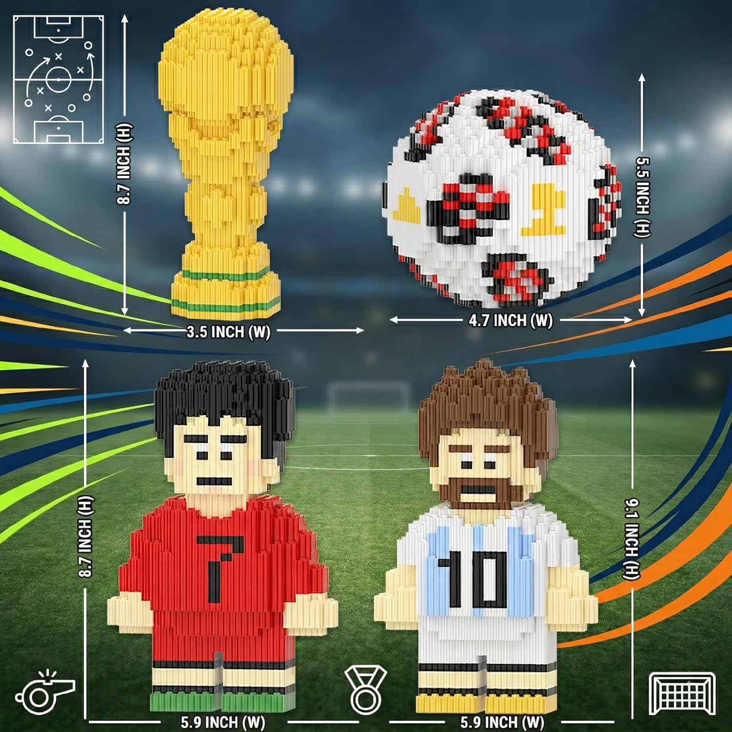 Soccer Building Blocks Set with Football Trophy and 2 Player Figures, 3400PCS World Cup Inspired Sports STEM Building Toy for Teens Adults Display Decor (Soccer)
