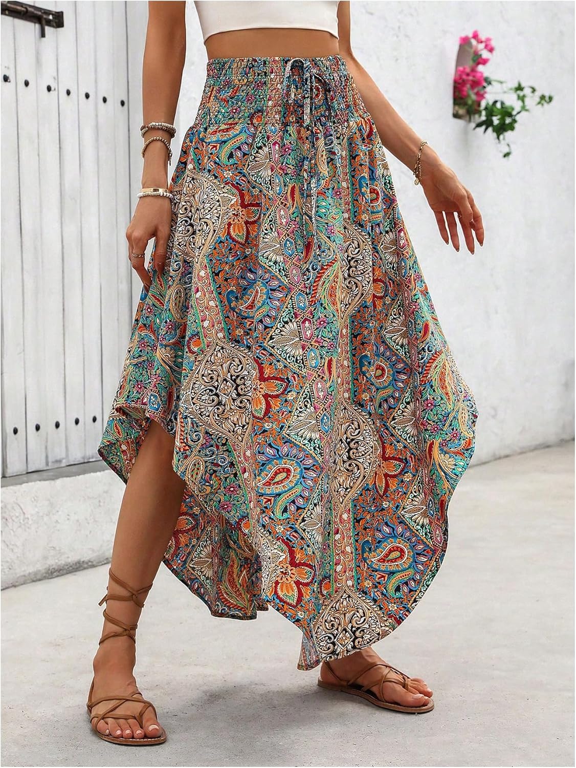 SweatyRocks Women's Boho Skirts Shirred High Waist Summer Beach Asymmetrical Flowy Long Skirt - Image 2