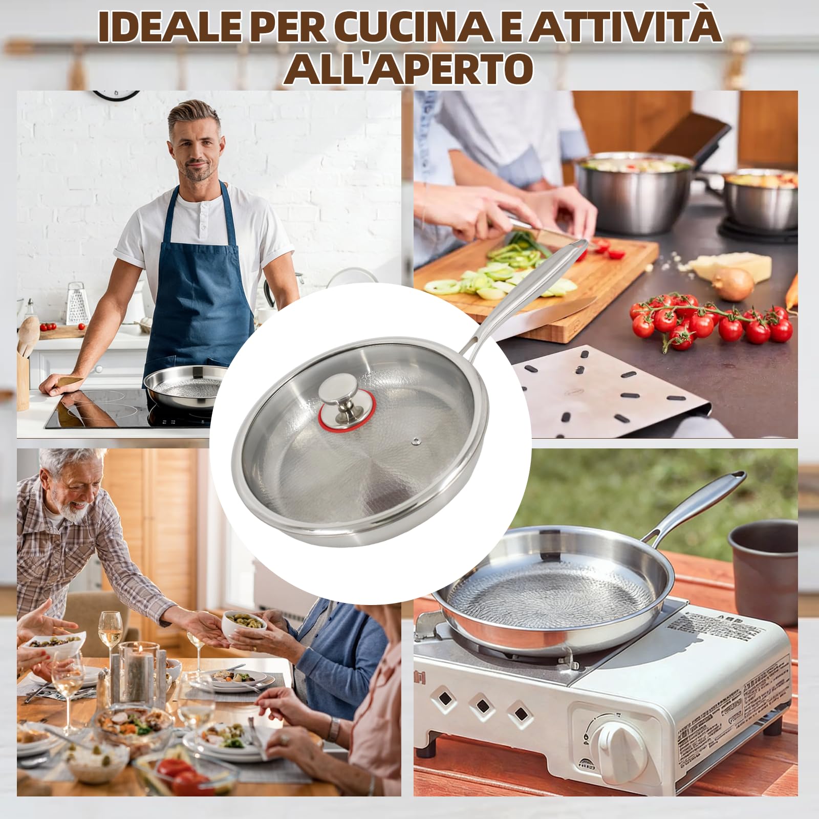 Padella in titanio non rivestita 30 cm, martellata, con coperchio in vetro e spatola – per induzione e fuoco vivo, ideale per cucina e campeggio