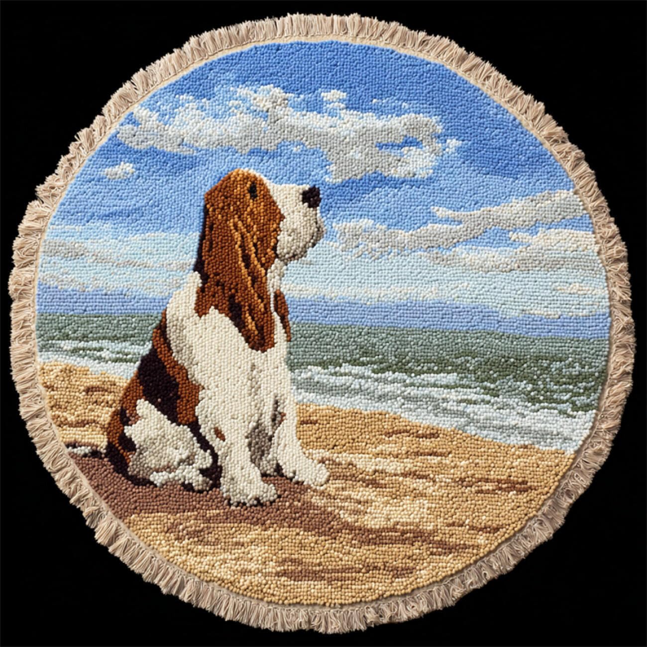 Kitquiver Dog Animal Latch Hook Cushion Kits Basset Hounds By The Sea Latch Hook Rug Making Kit for Adults Embroidery Kits DIY Carpet Needlework for Home Decor 50x50cm