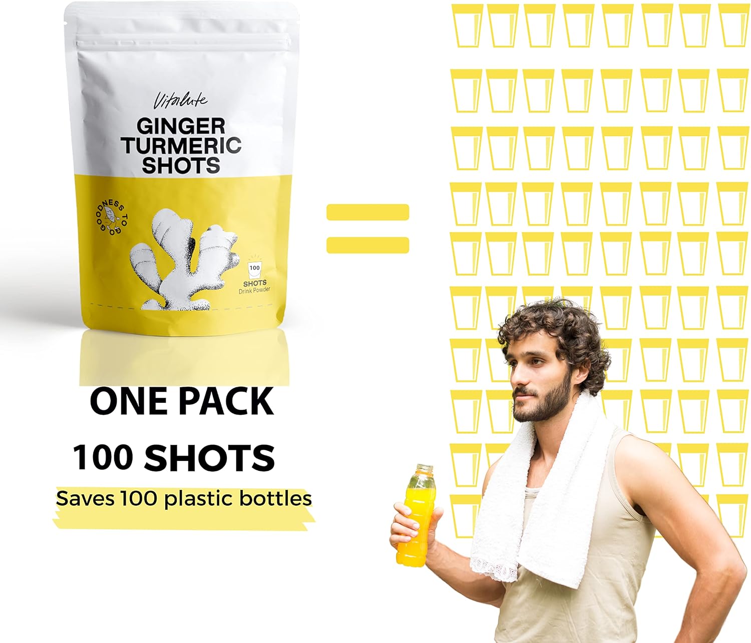 Ginger Shots with Turmeric - 100 Shots - Orange Powder, Piperine, Vitamin C, Vitamin D, Zinc - No Sugar - Ginger Powder Drink - Traditional Digestive Support