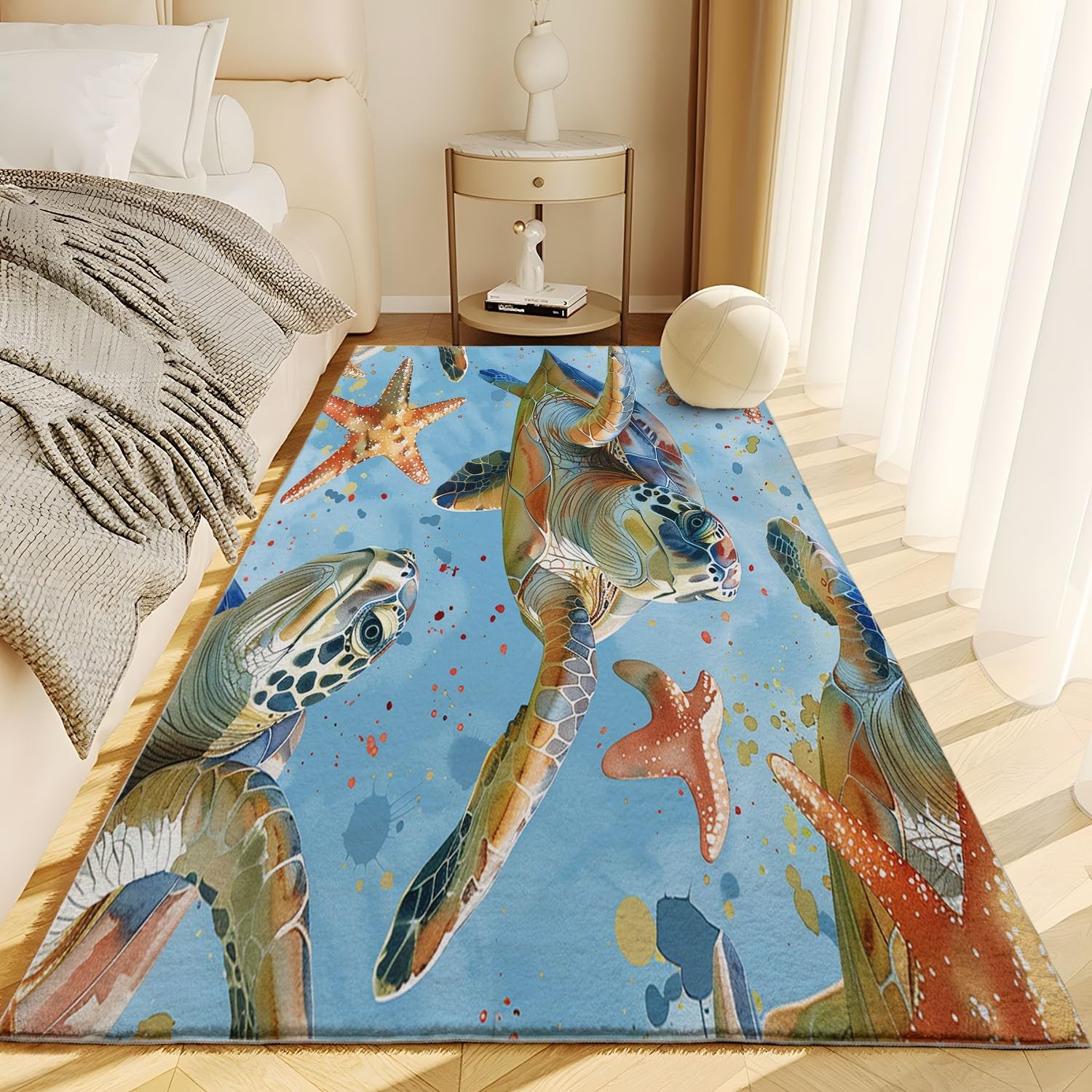 Tapis de Décoration ThèMe éToile de Mer Aquarelle Tortue de Mer, 120 x 170 cm Antidérapant à Poils Courts Doux Tapis, Multi Moquette de Chambre à Poils Ras, Paillasson Intérieur - pour Salon