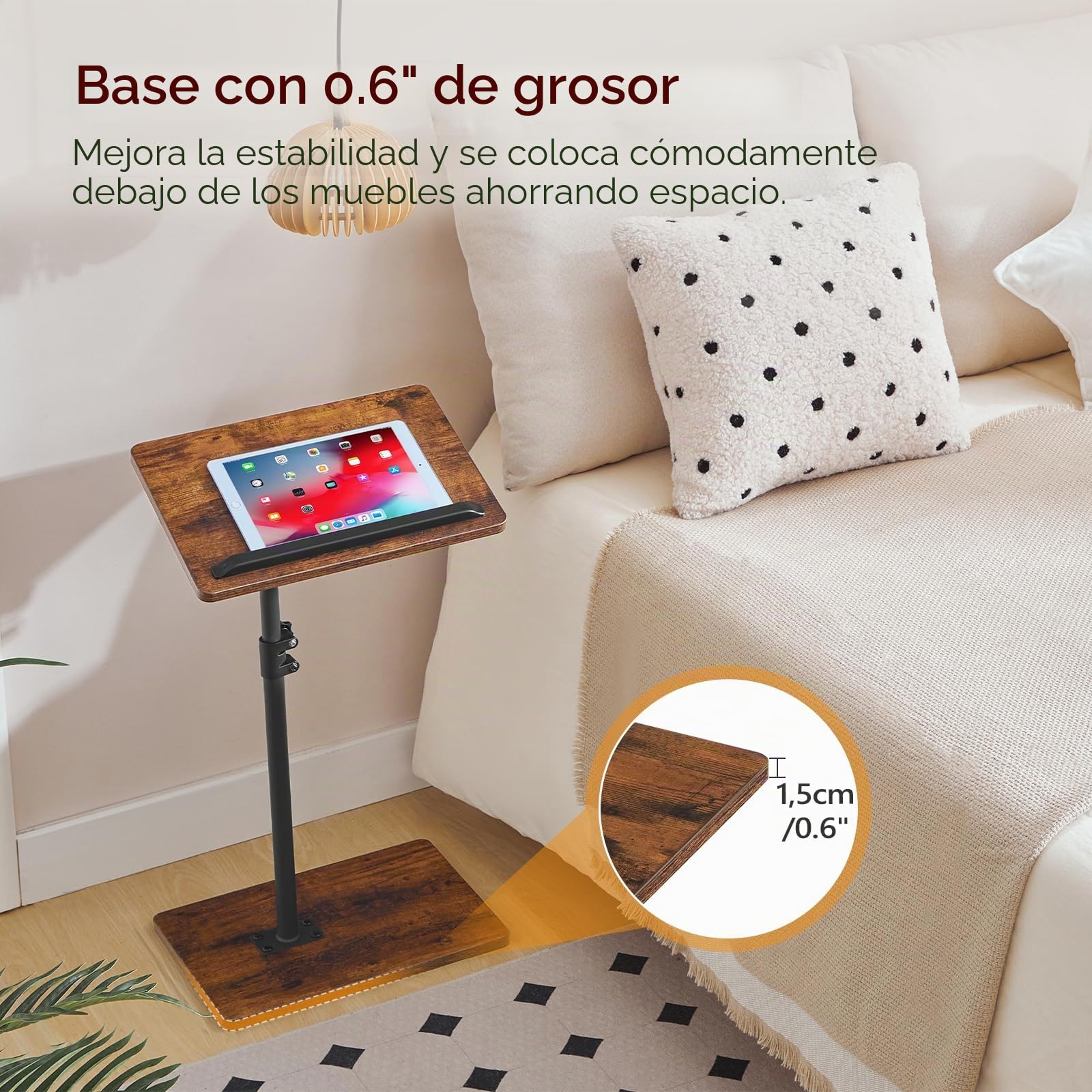 MAHANCRIS Mesa Auxiliar Giratoria 360º y Regulable en Altura, Mesita de Centro en Forma de C, Mesilla de Noche, con Tope para Teléfonos Móviles y Tabletas, para Salón, Sofá, Marrón Vintage AETRB4501