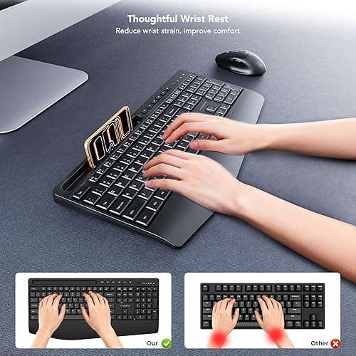 Miniatura 2 de KYSONA Combo de teclado y mouse inalámbricos, teclado inalámbrico de tamaño completo con reposamuñecas, soporte para iPad, teclado óptico ajustable