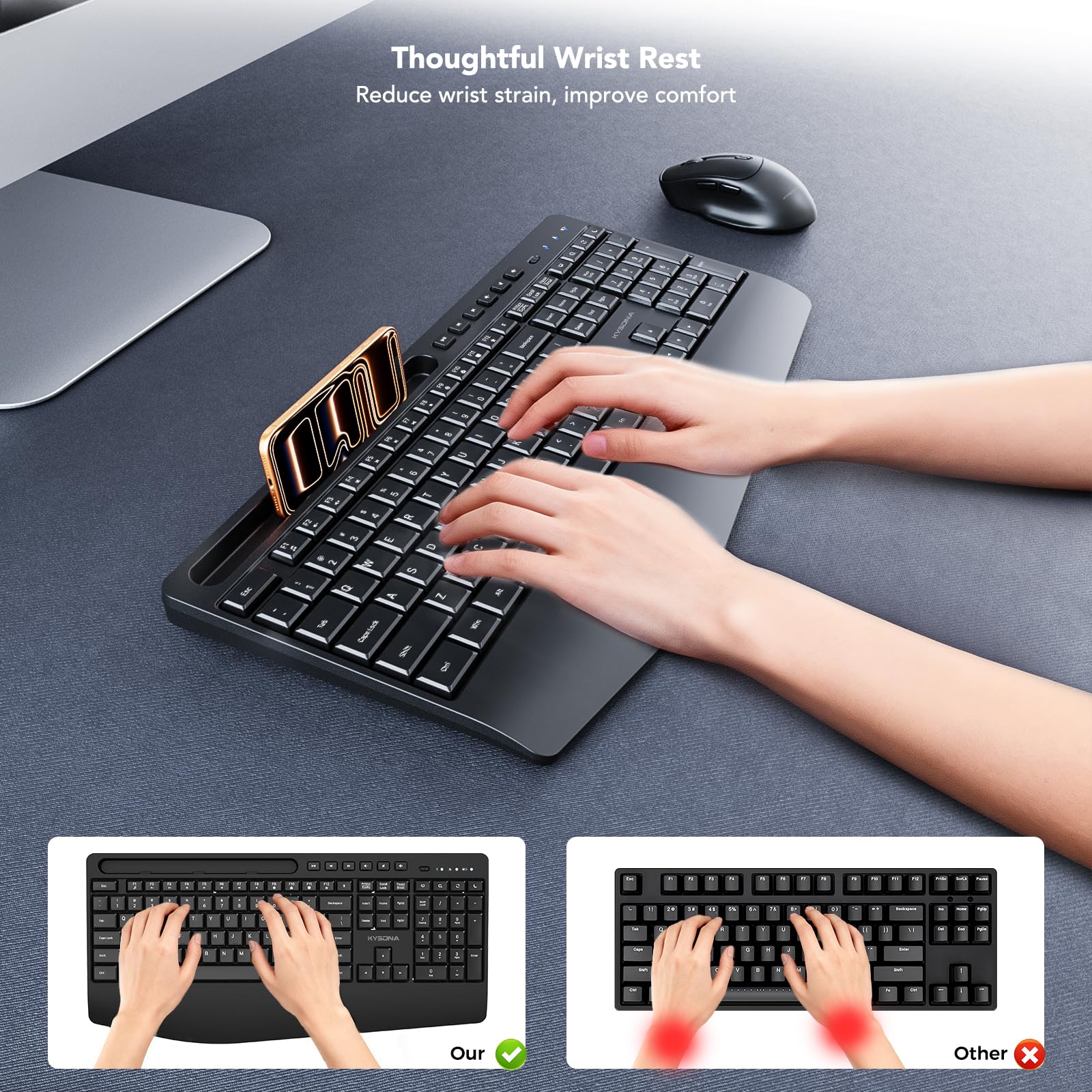 KYSONA Tastiera wireless e mouse, tastiera senza fili di dimensioni standard con poggiapolsi, supporto per iPad, 2,4 G, 3 DPI, mouse ottico regolabile per computer/laptop/PC/MAC/Windows, nero