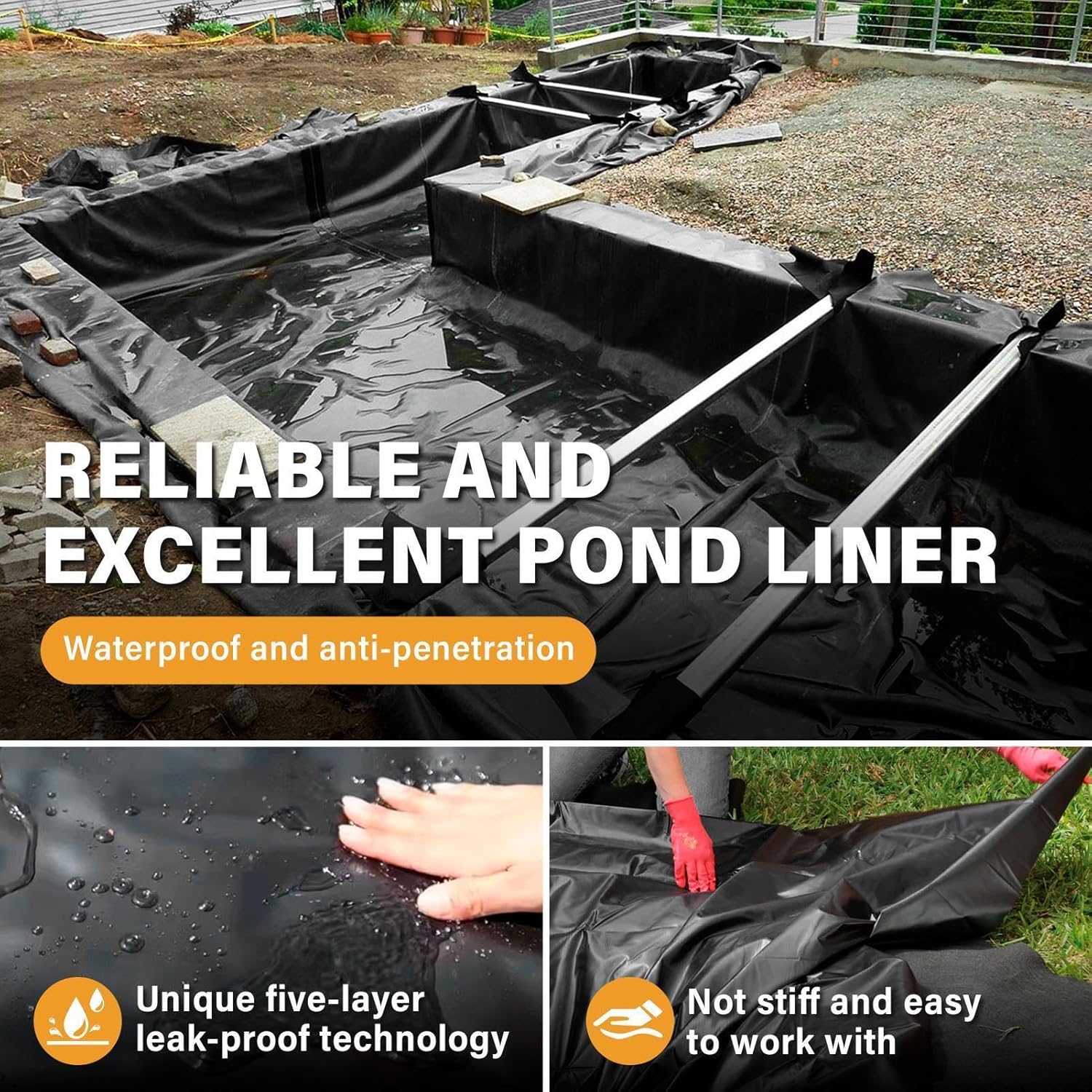 40 Ft X40 Ft HDPE Pond Liner Reinforced Large Enhanced 5-Layer Structure UV Resistant Pond HDPE Liner for Natural Looking Ponds, Waterfall, Koi Pondsand Water Garden Durable Fish Safe 0.3mm Thickness