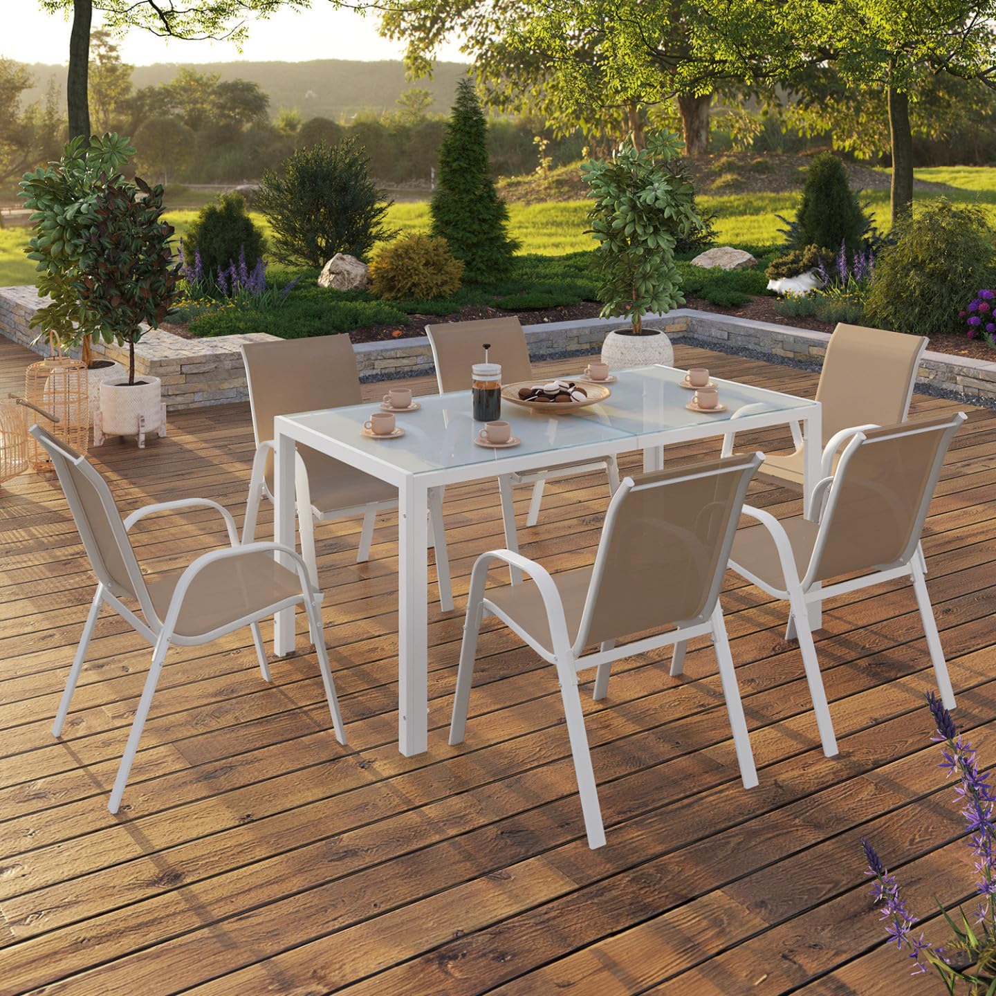 IDMarket – Salón de jardín Madrid Mesa 150 CM y 6 sillas apilables blanco y beige