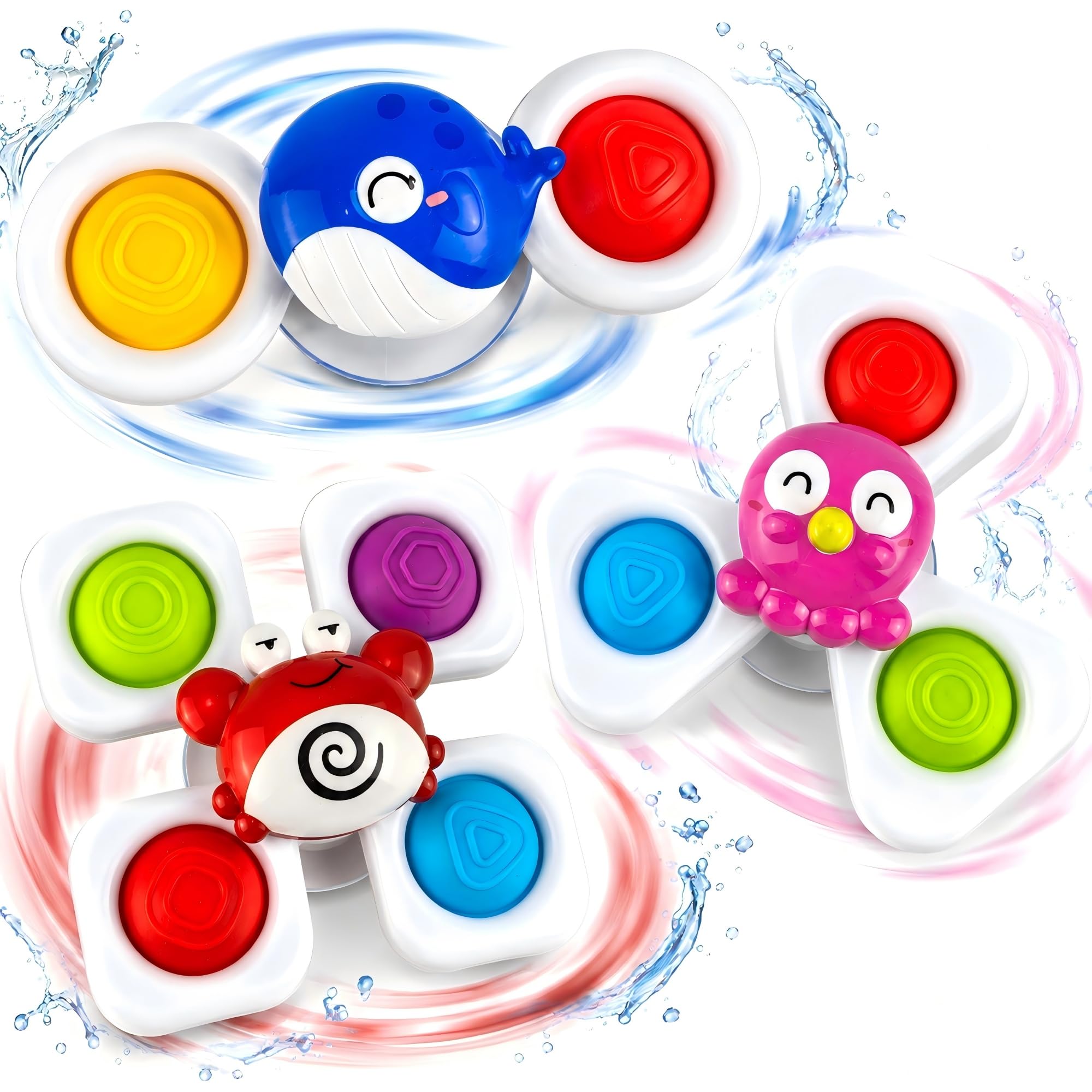 Plimto Baby Suction Spinner Toy Set of 3, Sensory Spinning Toys for Babies 6 Months+, Press Button High Chair Toy for Bath Time, Windows and Travel (Ocean Set)