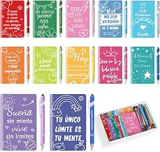 12 mini notebooks and 12 pens with motivational phrases in Spanish: the ideal gift for students, teachers, schools and offices.