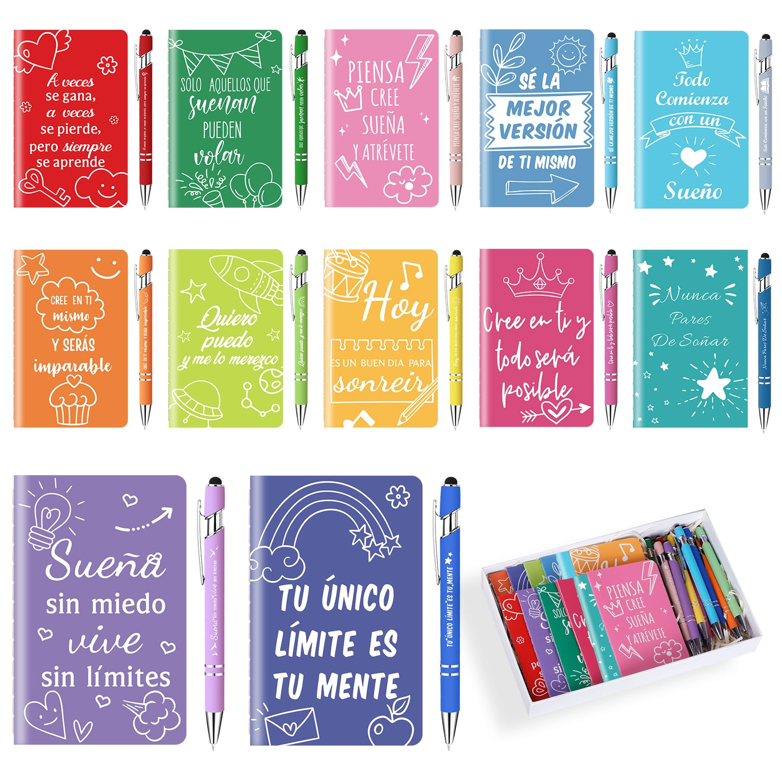 12 libretas en formato mini y 12 bolígrafos con frases motivadoras en español: el regalo ideal para estudiantes, profesores, colegios y oficinas.