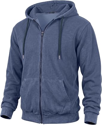 Ohoo Mens Acid Wash Full Zip Up Hoodie Cotton 100% Soft Fleece Fabric Vintage Unisex Casual Sweatshirt with Kanga Pocket