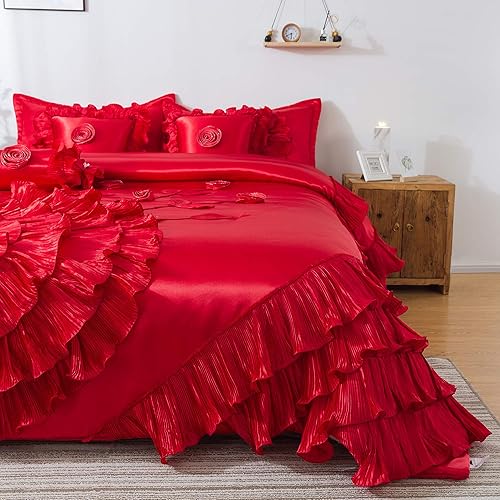 Miniatura 8 de Tache Home Fashion VEHY4174-K - Juego de ropa de cama con edredón con volantes, tamaño King, color rojo