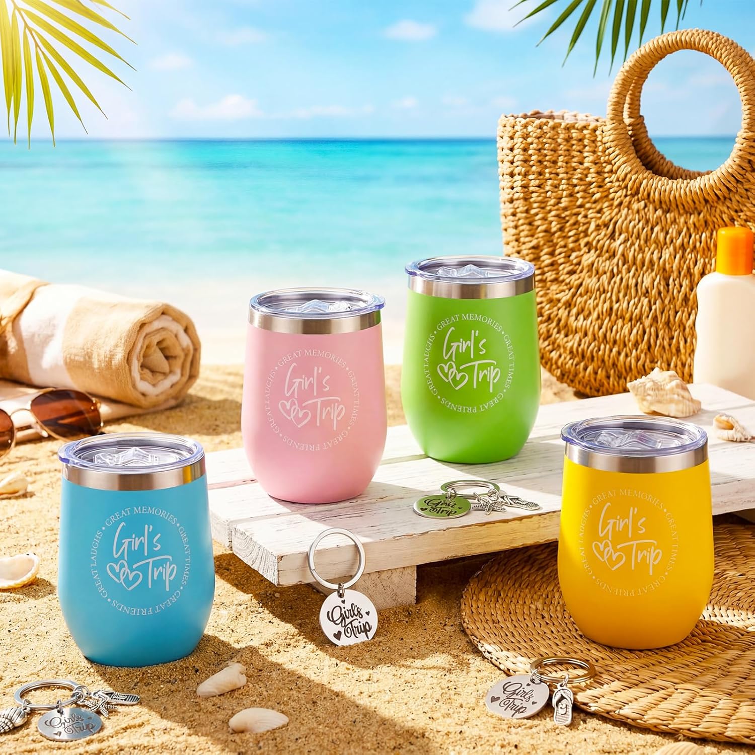 Maxcheck 16 Pcs Girls Trip Gifts Set Include Girl Trip Tumbler Cosmetic Bag Keychains Bracelets and Cards for Girls Weekend Bachelorette Travel Vacation Party Favors