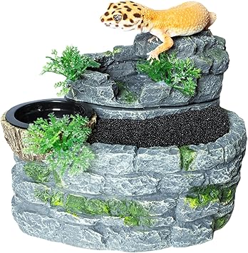 500ML Reptile Waterfall Fountain, Reptile Water Drinking Fountain for Bearded Dragons, Geckos & Lizards Terrarium Waterfall with Feeding Bowl, Flowing Water, Natural Resin