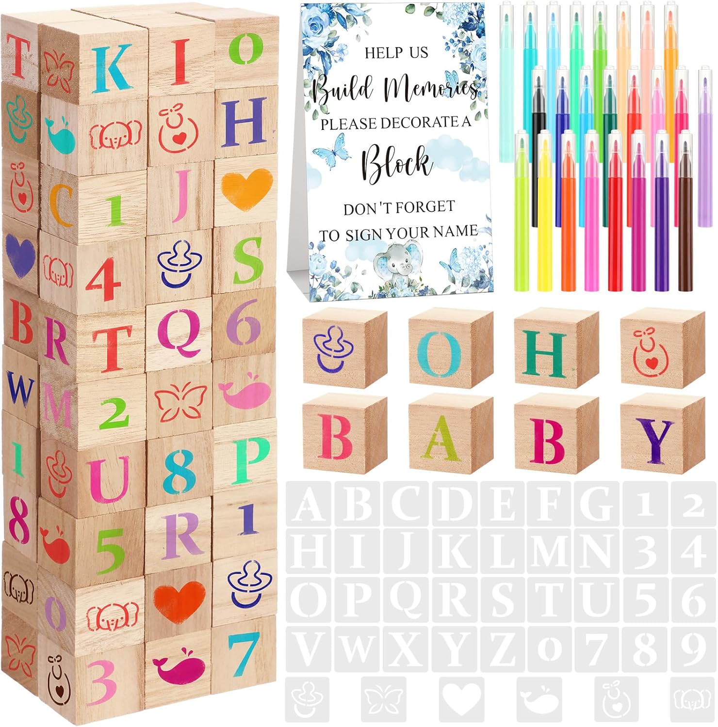147 Pcs Baby Shower Blocks Games Sets, 80 DIY Blank Wooden Block 42 Stencils 24 Watercolor Marker 1 Decorate a Block Game Sign for Gender Reveal Baby Shower Party Supplies(Forest Animal)