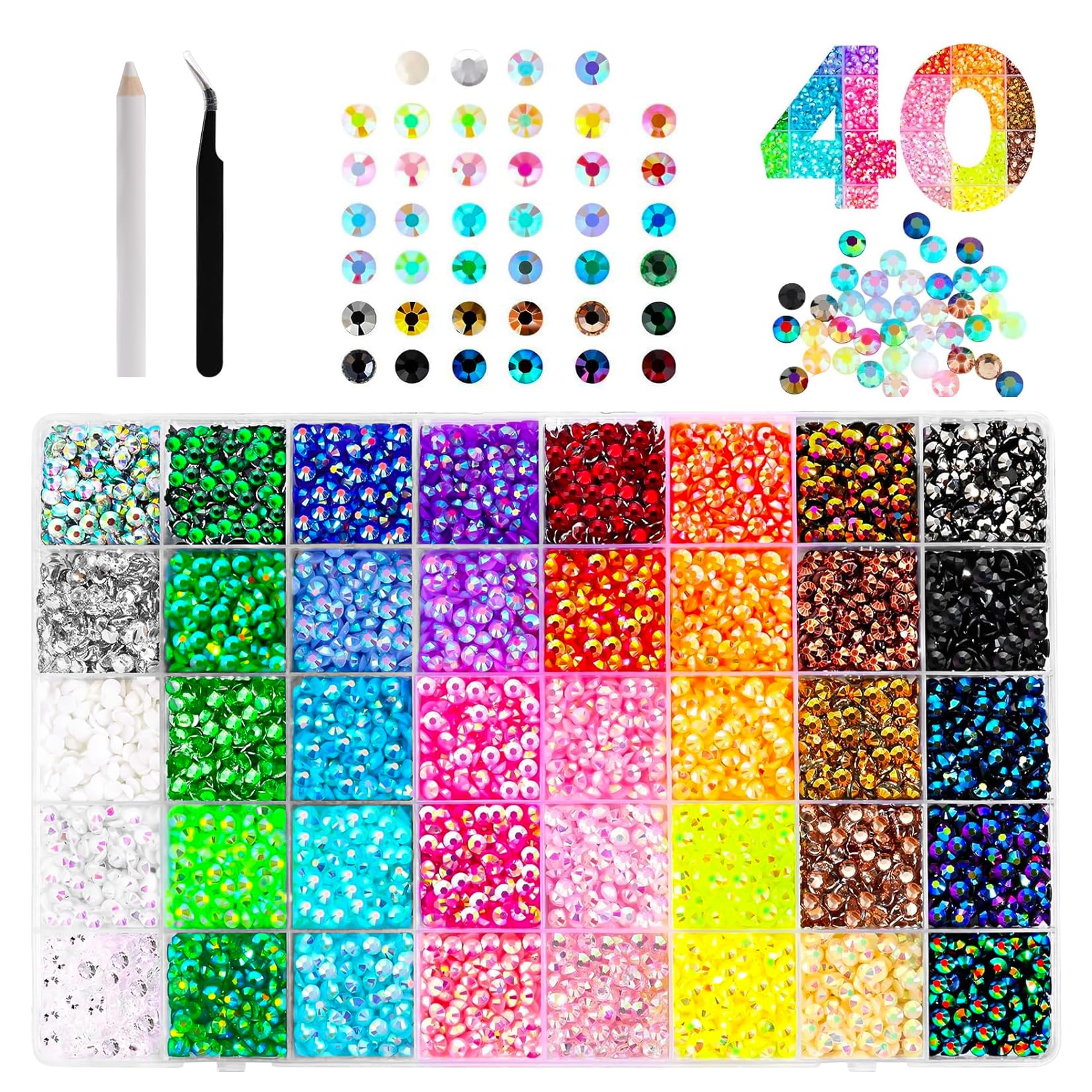 32 000 Strasse, 40 Couleurs Strass Plats Perles 3 mm, Kit de Strass en Résine pour Travaux Manuels, Loisirs Créatifs, Décoration Ongles, Textiles + pince à épiler/bâtonnet de cire