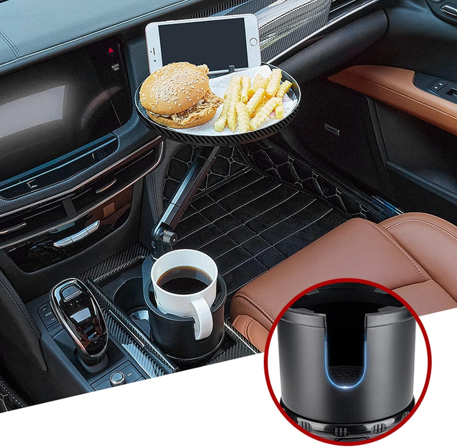 Qihoo Car Cup Holder Tray Car Cup Holder Expander Adapter Car Tray for Eating Expandable Cup Holder for Car Tray Table Swivel Adjustable with Extra Phone Slot Suitable for Most Cars and Trucks