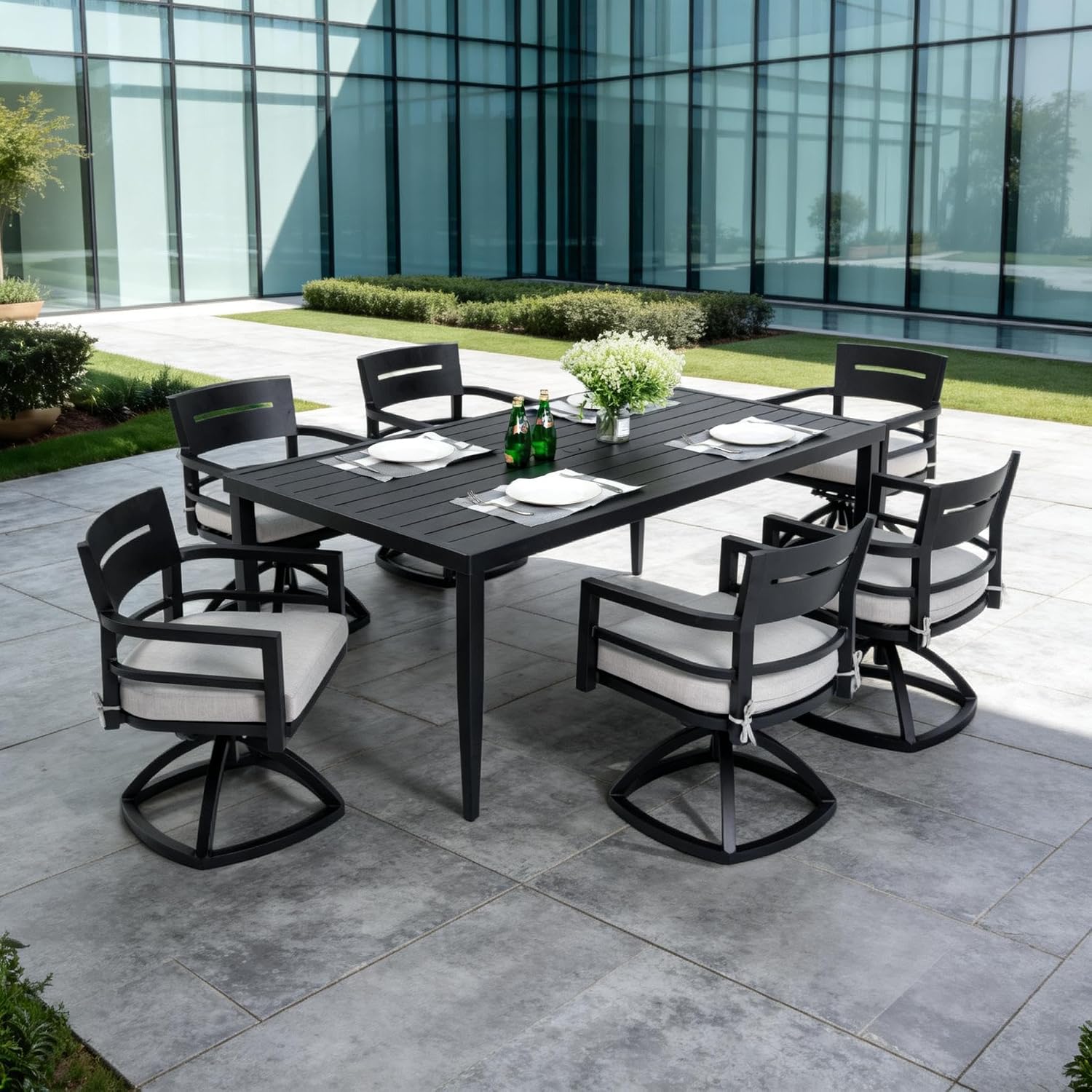 7-Piece Outdoor Patio Aluminum Furniture, 70” Rectangle Dining Table with Umbrella Hole and 6 Swivel Rockers Chairs, Modern Dining Set for Patio Backyard, Garden, Ember Black