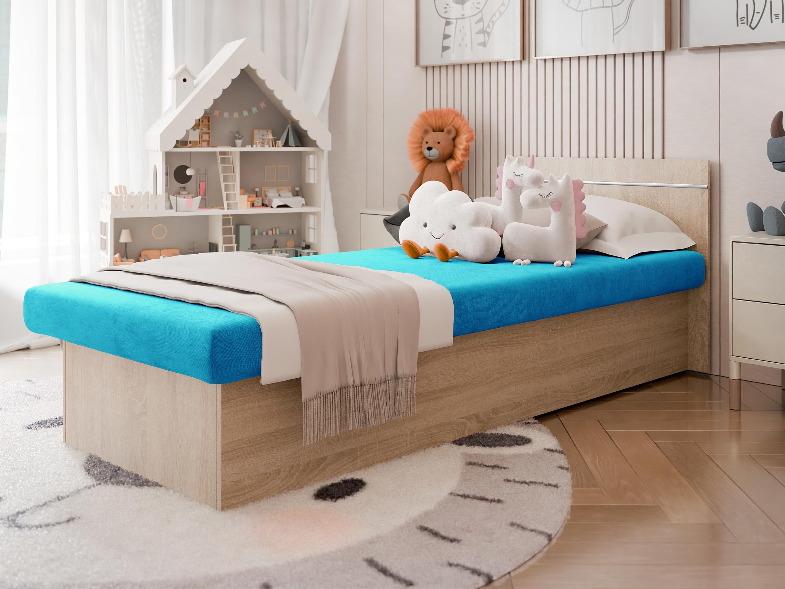 Mirjan24 Einzelbett Berta Bis, Farbauswahl, Sitzfläche mit Bonnellformat, Bettgestell, Komfortbett, Bett für Jugendzimmer, Schlafmöbel (Suedine 29, Eiche Sonoma, ohne Bettkasten.) Küche, Haushalt & Wohnen