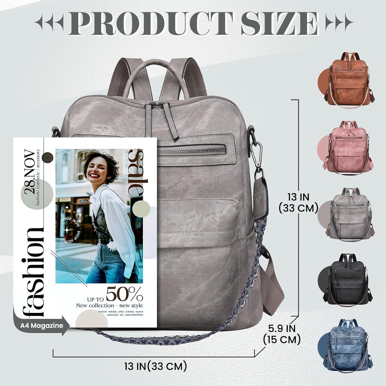 Backpack Purse for Women, PU Leather Back pack Purse, Multiple Pockets Anti Theft Backpack with Adjustable Straps, Women Back pack for Daily Work Travel, Grey - Image 3