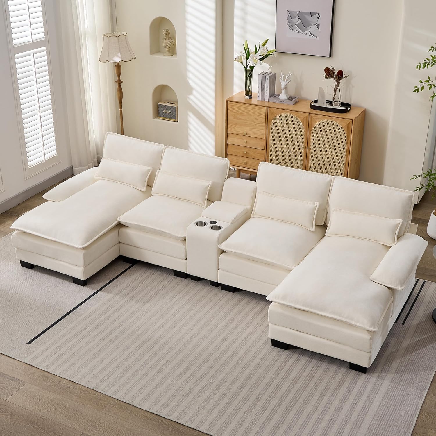 125" U Shaped Modular Cloud Couch, Small Deep Seat Sectional Sofa with Center Storage Console, USB Ports & Cup Holders, Comfy Couches for Living Room, Chenille Beige
