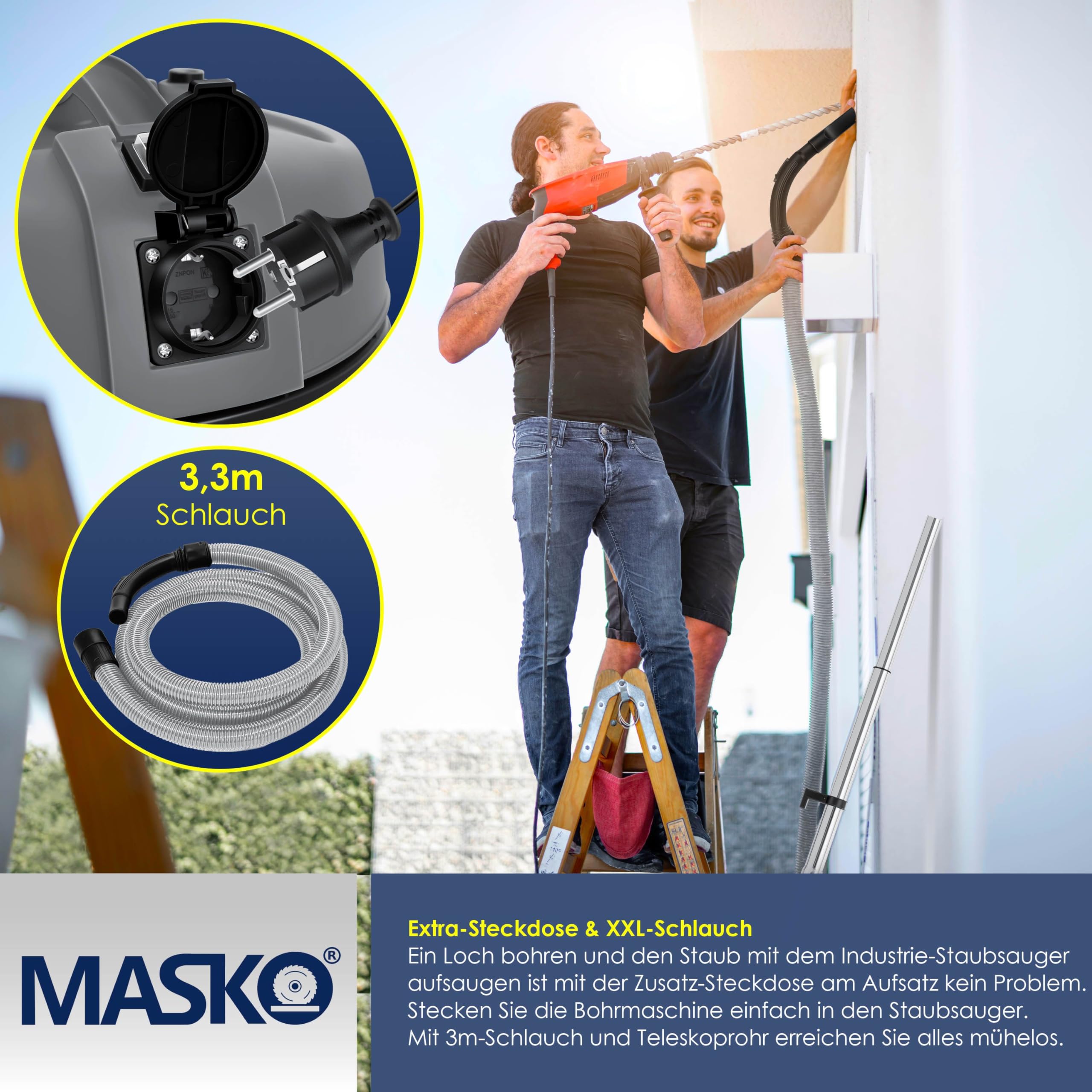 Masko® Aspirapolvere industriale 6 in 1, 2300 W + presa ✓ Funzione soffiaggio ✓ Aspirazione a secco e a umido | Aspirapolvere industriale con e senza sacchetto, Grigio