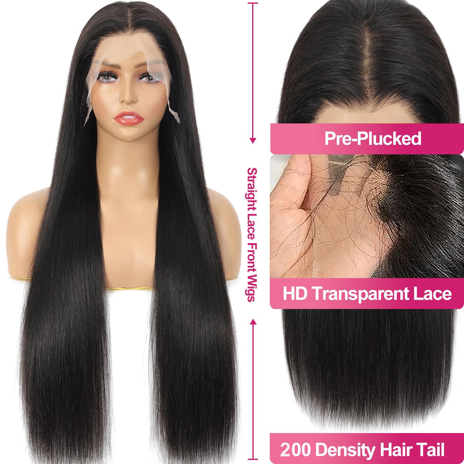 TAIKOU 28 Inch 13x6 Lace Front Wigs Human Hair 200 Density Pre Plucked Straight Lace Front Wigs with Baby Hair HD Lace Frontal Straight Wig for Women