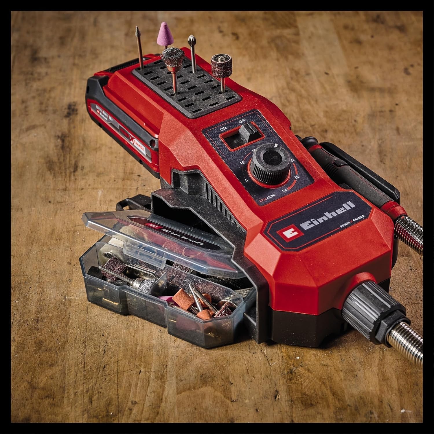 Apparecchio di rettifica/incisione a batteria Einhell TE-MT 18/34 Li Solo Power X-Change (18 V, albero 92 cm con perno per incisione, regolazione giri, incl.set accessori di 55 pz., senza batteria)