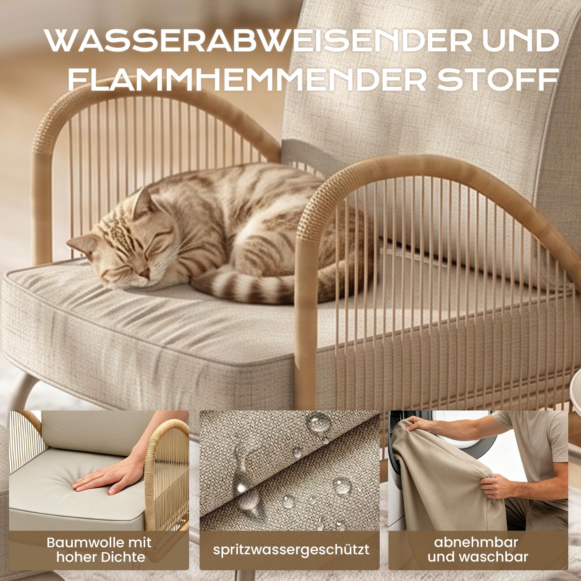 3-teiliges Gartenmöbel-Set, Rattan Outdoor Sitzgruppe mit Sessel, Hocker & Beistelltisch, Wetterfestes Garten-Lounge-Set mit dicken Polstern für Balkon, Hinterhof, Veranda