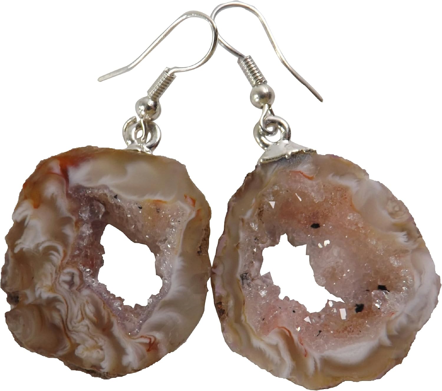 Agate Geode Gemstone Earrings, Stone Slice w/Druzy Crystals Center, 1-1.5 inch Dangle, Natural Edge, in Gift Box