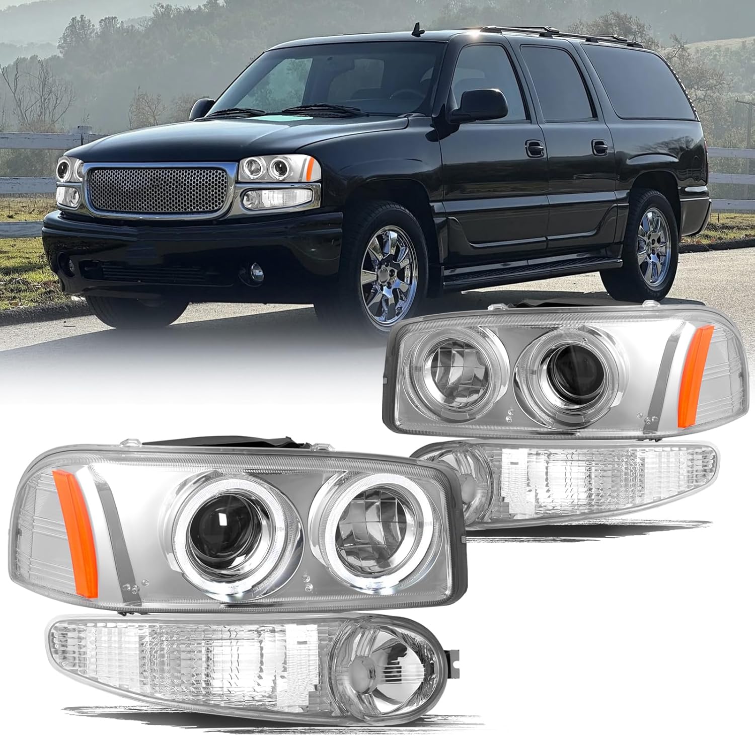 Aosky 4PCS Headlight Assembly Fits for 2001-2006 GMC Yukon/Yukon XL Denali Model Projector LED Halo Halogen Type Factory OE Style Replacement w/Bupmer Lights Pair Set Chrome Housing