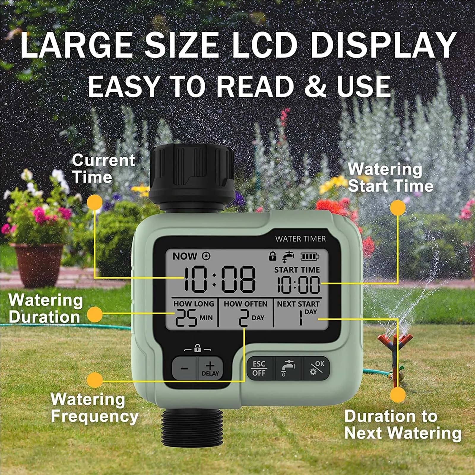 Irrigatore da giardino compatto, timer for irrigazione, rubinetto for tubo flessibile, for irrigazione da giardino all'aperto, prato domestico, irrigazione
