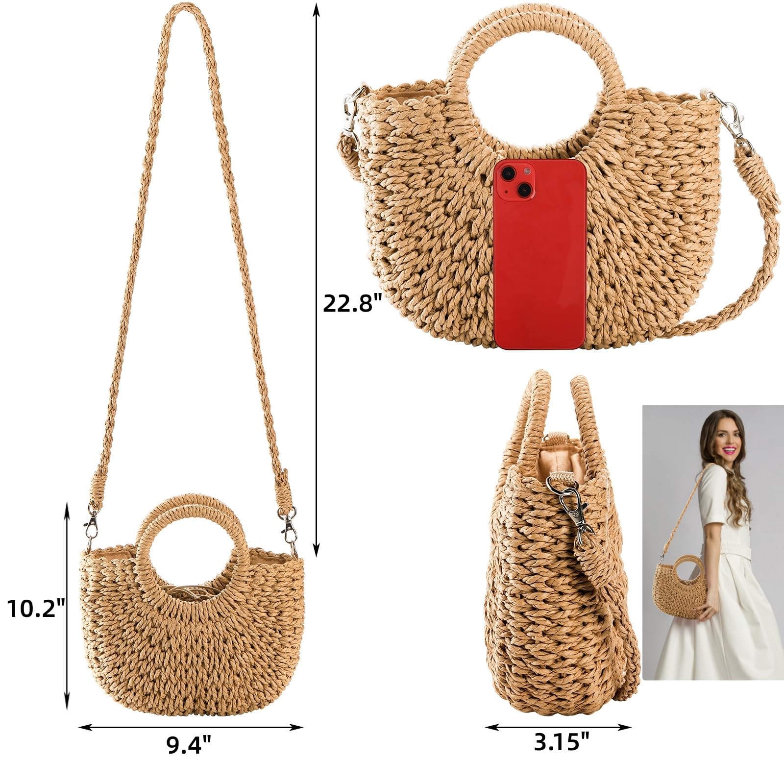 Noamus Women Straw Handbag, Mini Summer Beach Rattan Tote Bag, Woven Semi-circle Clutch Bag Handmade Purse, Small Crossbody Crochet Handbag with Top Handle for Travel Vacation