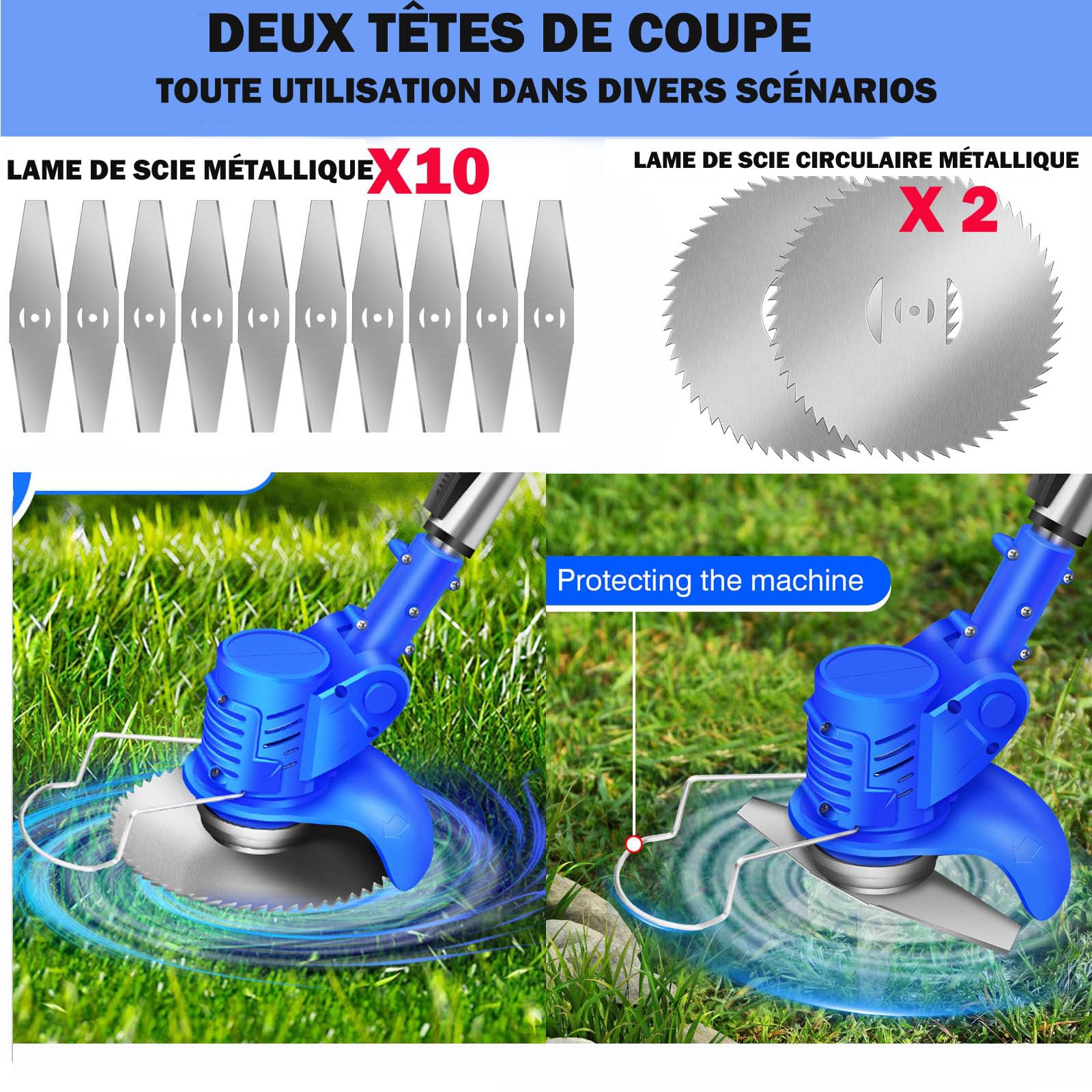 Débroussailleuse sans Fil pour Le Jardin - Débroussailleuse électrique avec 10 Lames en métal, 2 Batteries 21V 1500mAh et Chargeur Rapide pour la pelouse et Le Jardin Bleu (2 Piles)