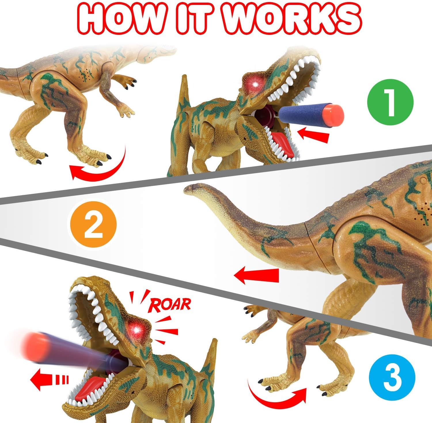 ArtCreativity Ejection Dinosaur Gun, Light Up Dinosaur Toy Blaster with 20 Bullets and Roaring Sound for Boys and Girls, Best for Kids 3+