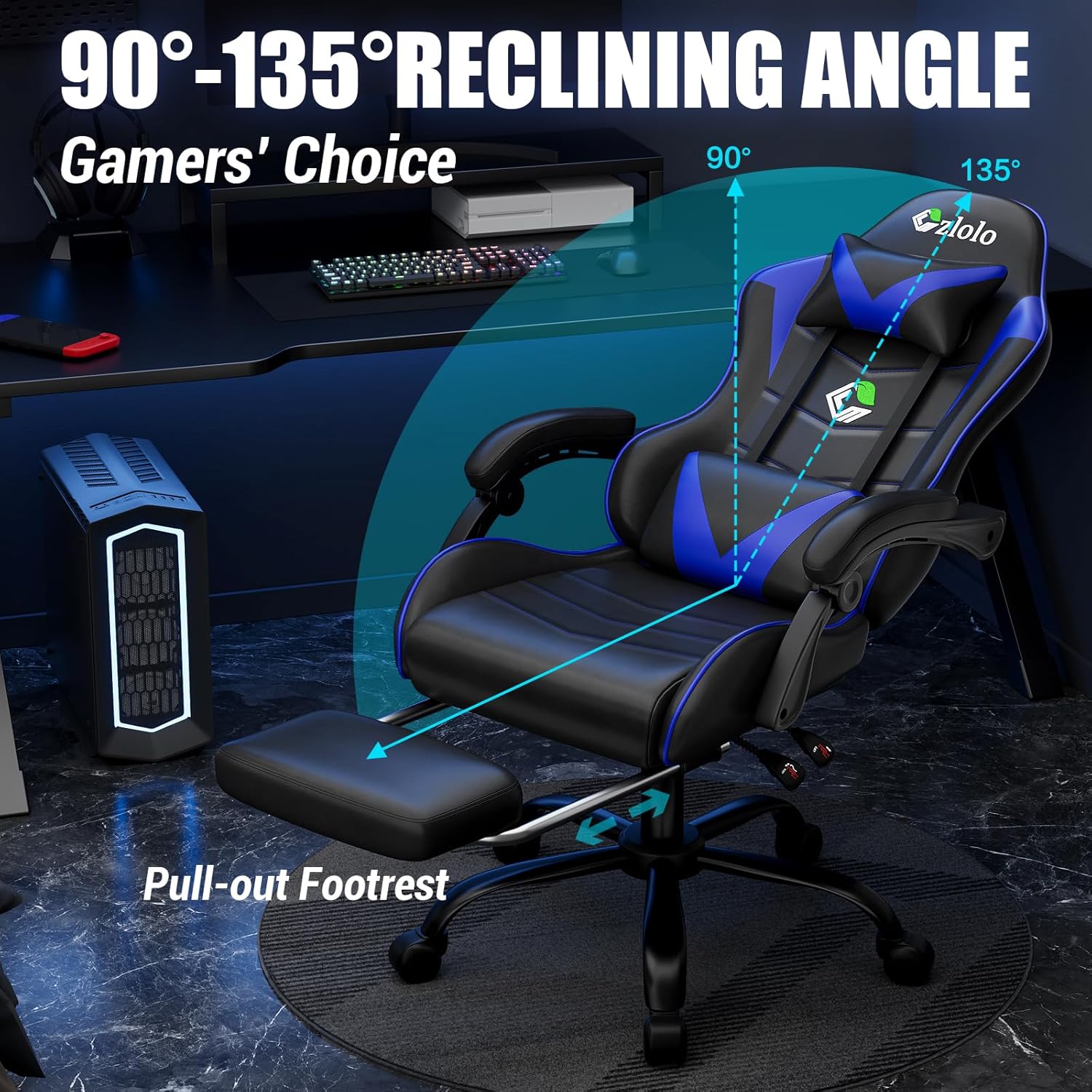 Czlolo Gaming Chair showing reclining angles and pull-out footrest