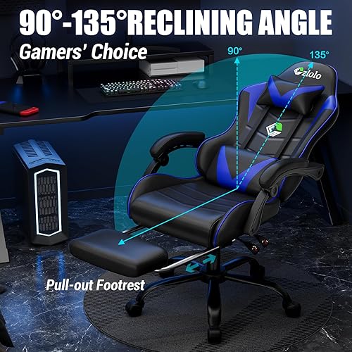 Miniatura 5 de Silla de juegos con reposapiés, estilo carreras, soporte lumbar, masajeador, silla de videojuegos con patas de metal, silla reclinable de respaldo