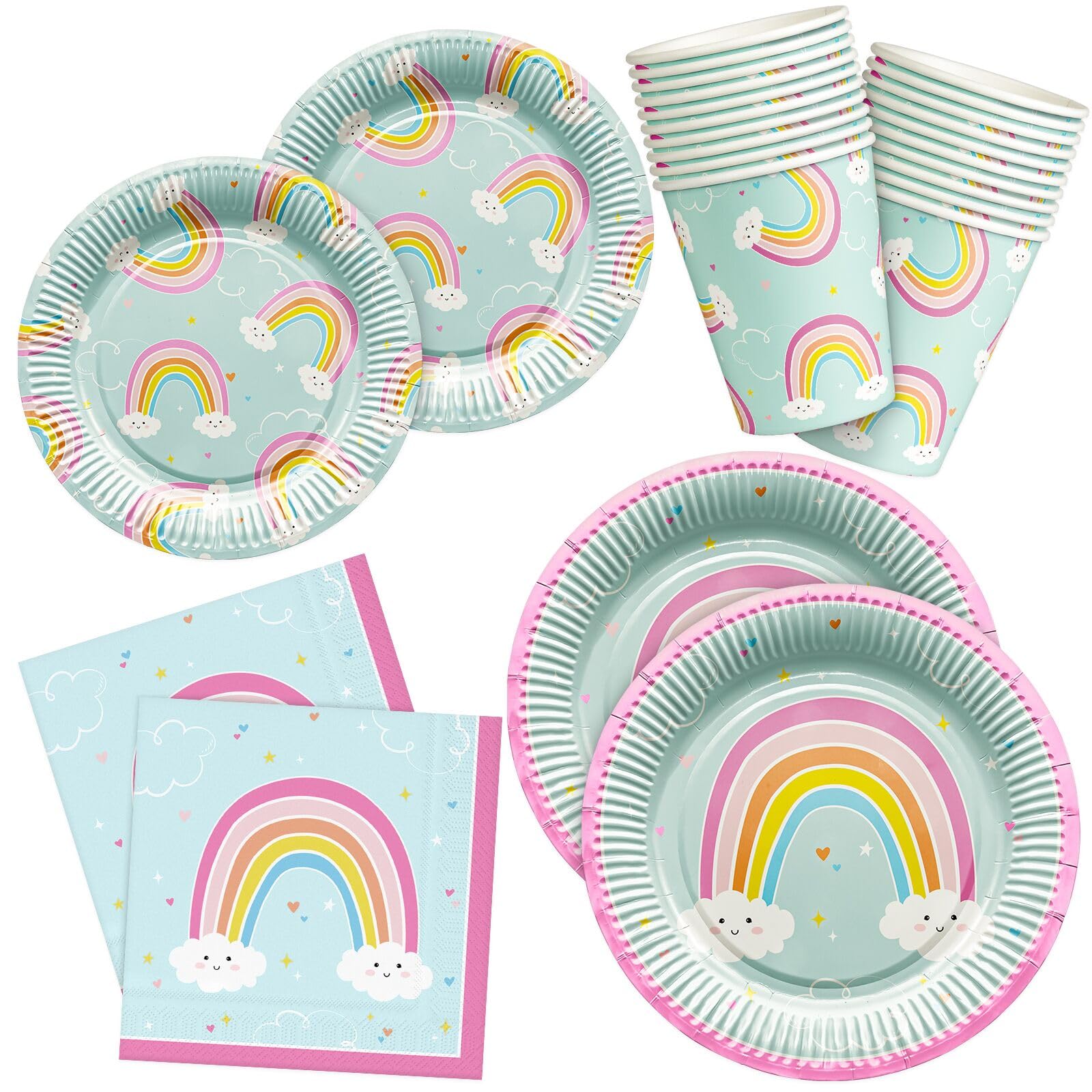 HNH Rainbow Paper Plates Napkins Cups Set Disposable Tableware for Children's Party