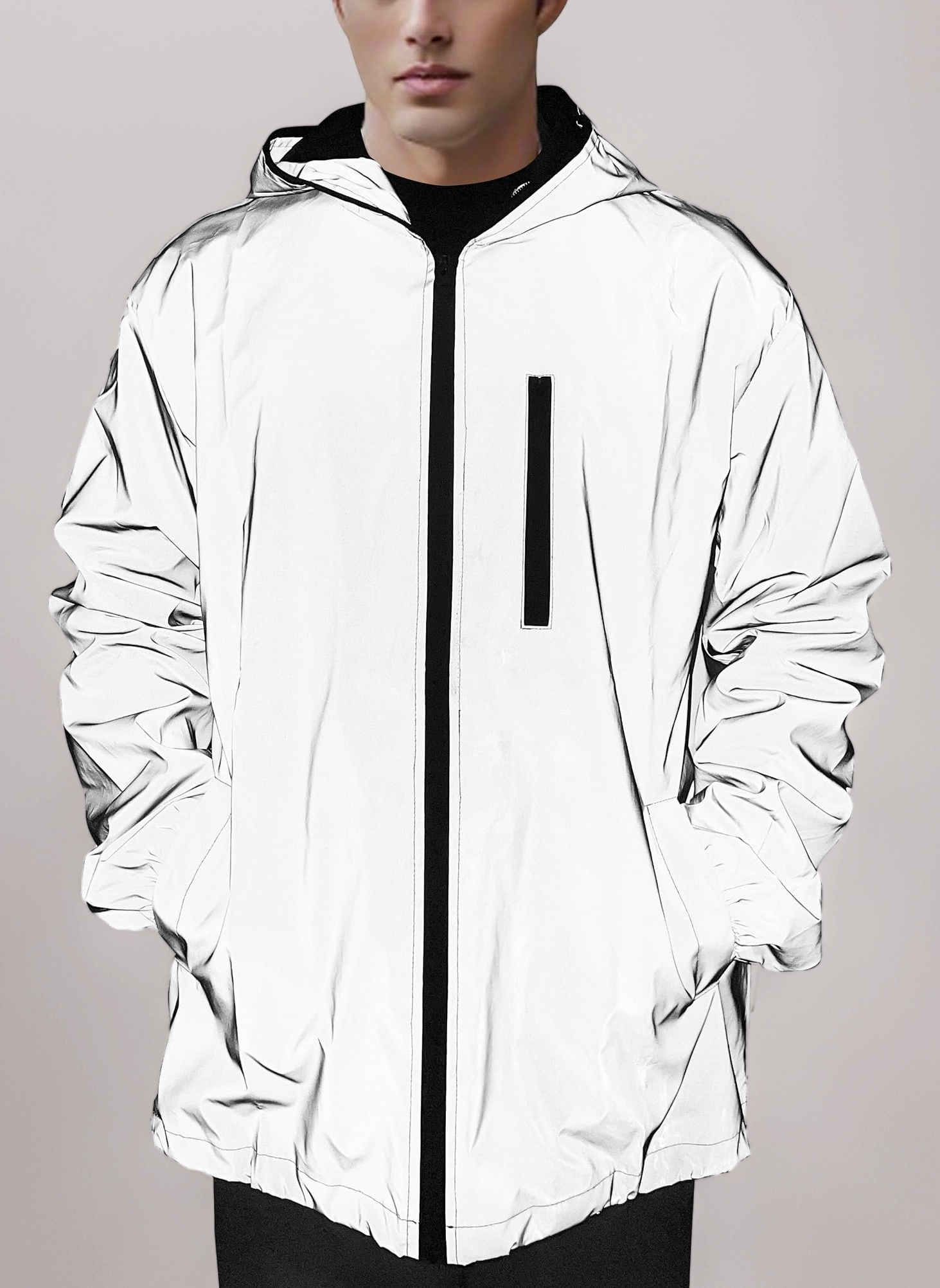 Men Reflective Coat Hooded Windbreaker Fashion Runing Pocket Jacket