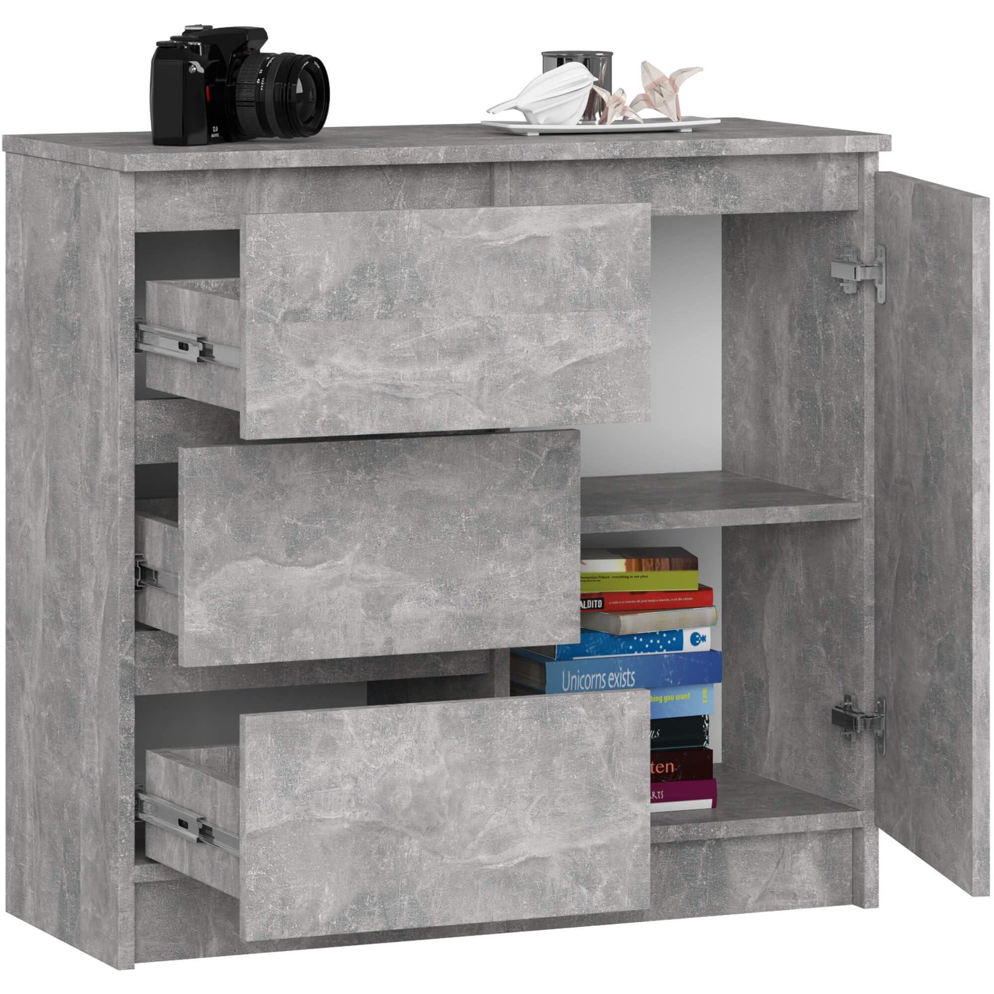 AKORD Kommode K-80 Jerry mit 3 Schubladen | Schrank mit 2 Einlegeböden und 1 Tür | Für das Wohnzimmer Schlafzimmer | Moderne | 16mm Laminierte Platte | 80x77x35 cm | Beton + Beton Front