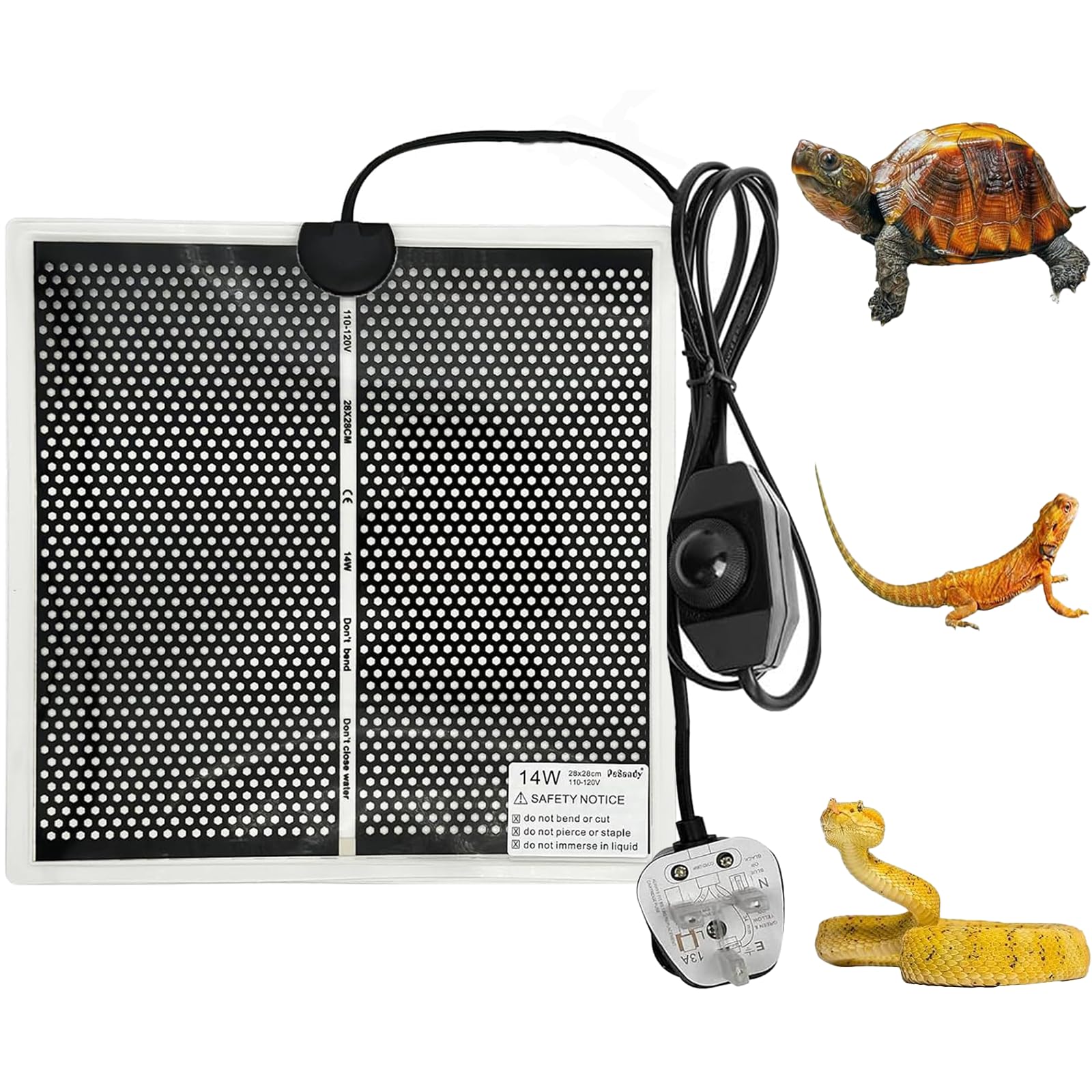 7W Reptile Vivarium Heat Mats Pets Heating Pad for for Turtle,Snakes,Lizard,Gecko Plants Seeding Heat Pads Adjustable Amphibian Tank Warmer,UK Plug (7W 14x28 cm) (BLACK-Hive Style, 14W-28 * 28cm)
