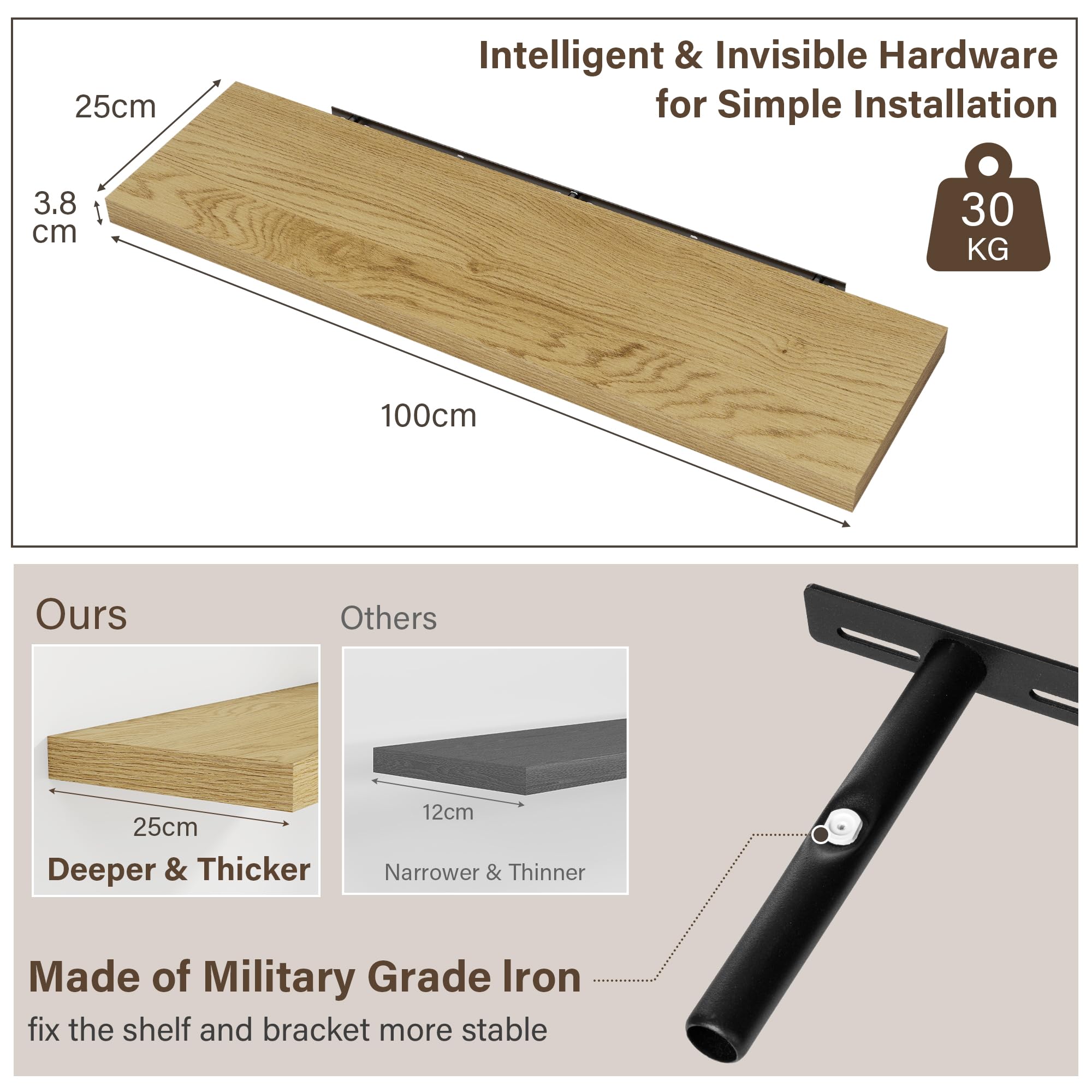Acovy 25 cm extra Tiefe Wandregale, 100 cm langes Holz Schweberegal, Wandboard für Wohnzimmer, Bad, Schlafzimmer, Küche, Eiche, 2er-Set