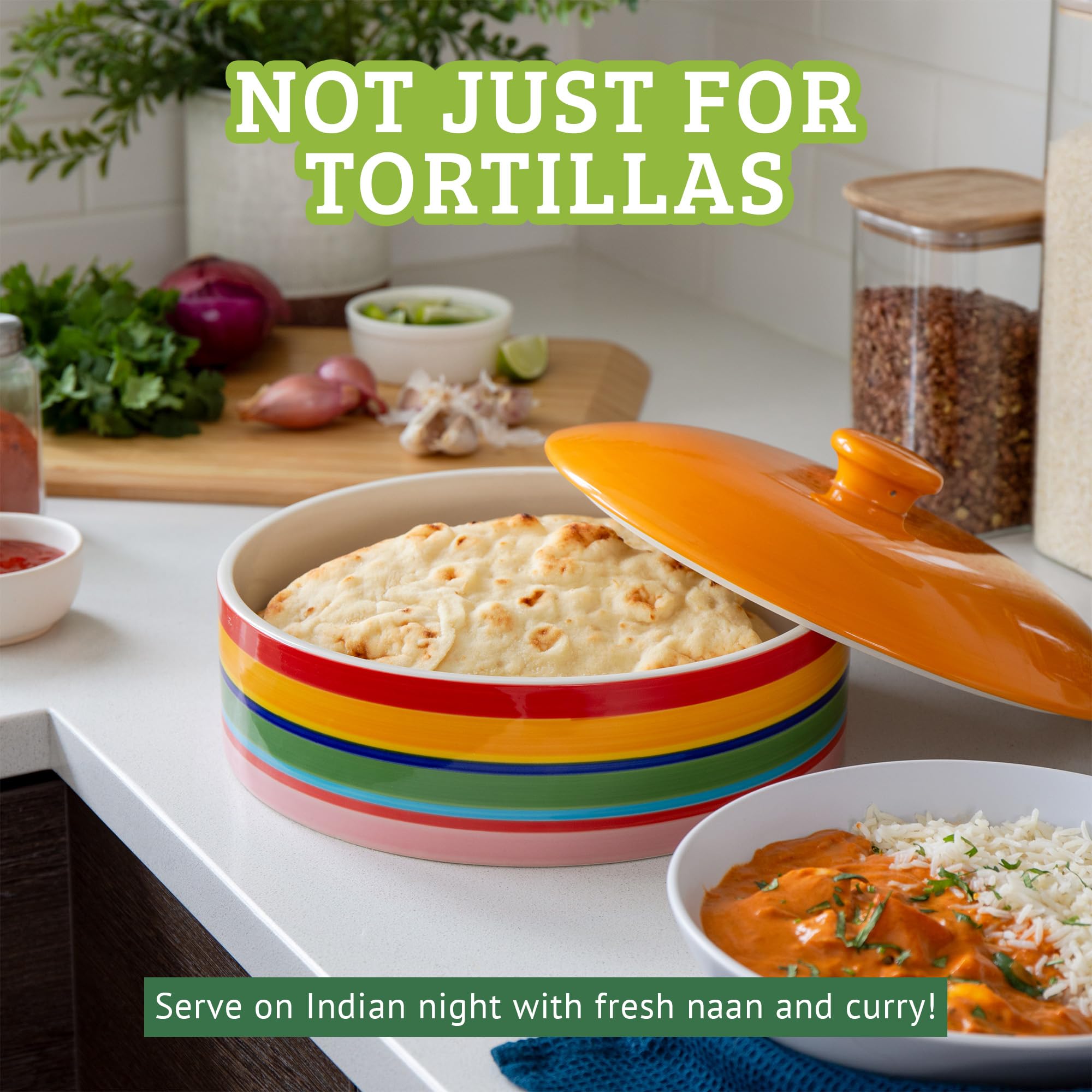 Tortilla Warmer – Wärmebehälter – Tortilla Warmhalter aus Keramik – Tortilla Wärmer - Backofen- und Mikrowellengeeignet - Geeignet als Rotibox und Tortilla Halter (Regenbogen, 25,4 cm)
