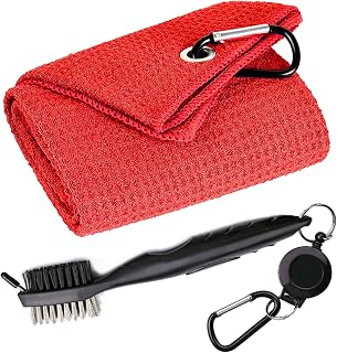 Golf Towels, Microfiber Waffle Pattern Tri-fold Golf Towel - Brush Tool Kit with Club Groove Cleaner, with Clip Men Women Golf Gifts (Red Towel+Black Brush)