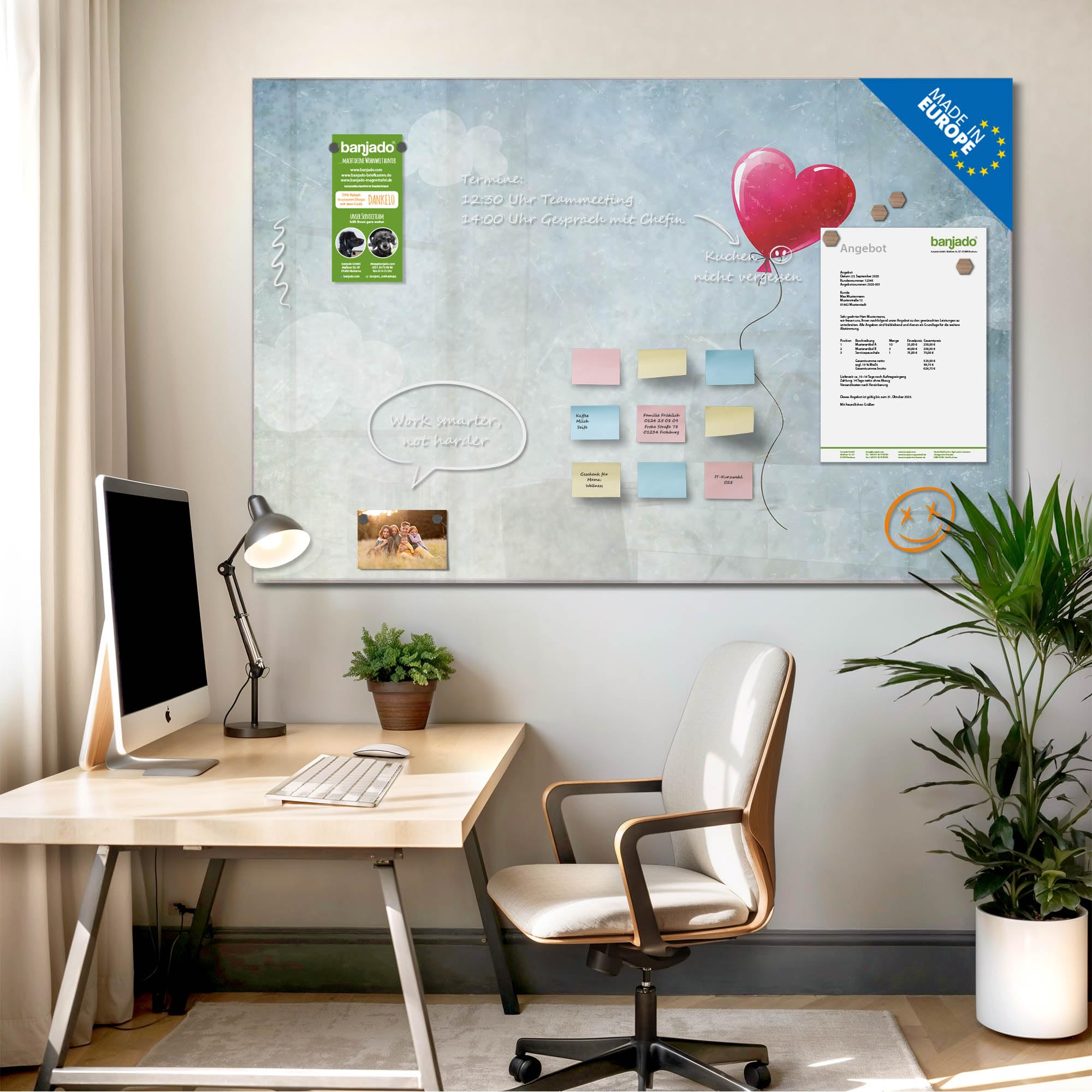 banjado Glas-Memoboard in 60x40cm für Fotos und Notizen im Herzdesign