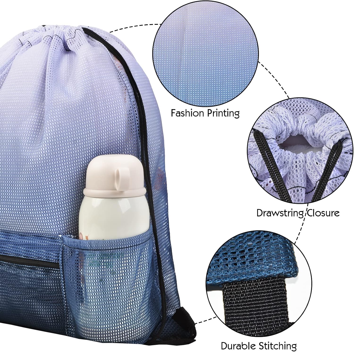 Mesh Drawstring Bag with Zipper Pocket, Beach Bag for Swimming Gear Backpack Gym Storage Bag for Adult Kids image 4