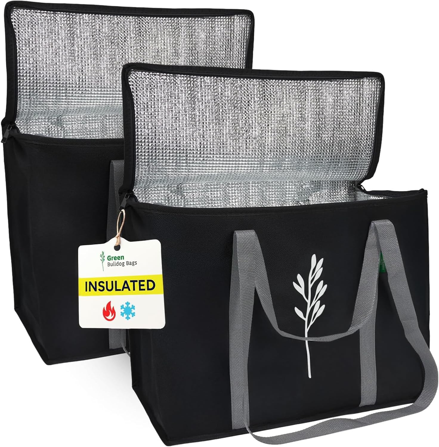Green Bulldog Cooler Bag Insulated Reusable Grocery Bags, Black (2 Pack)