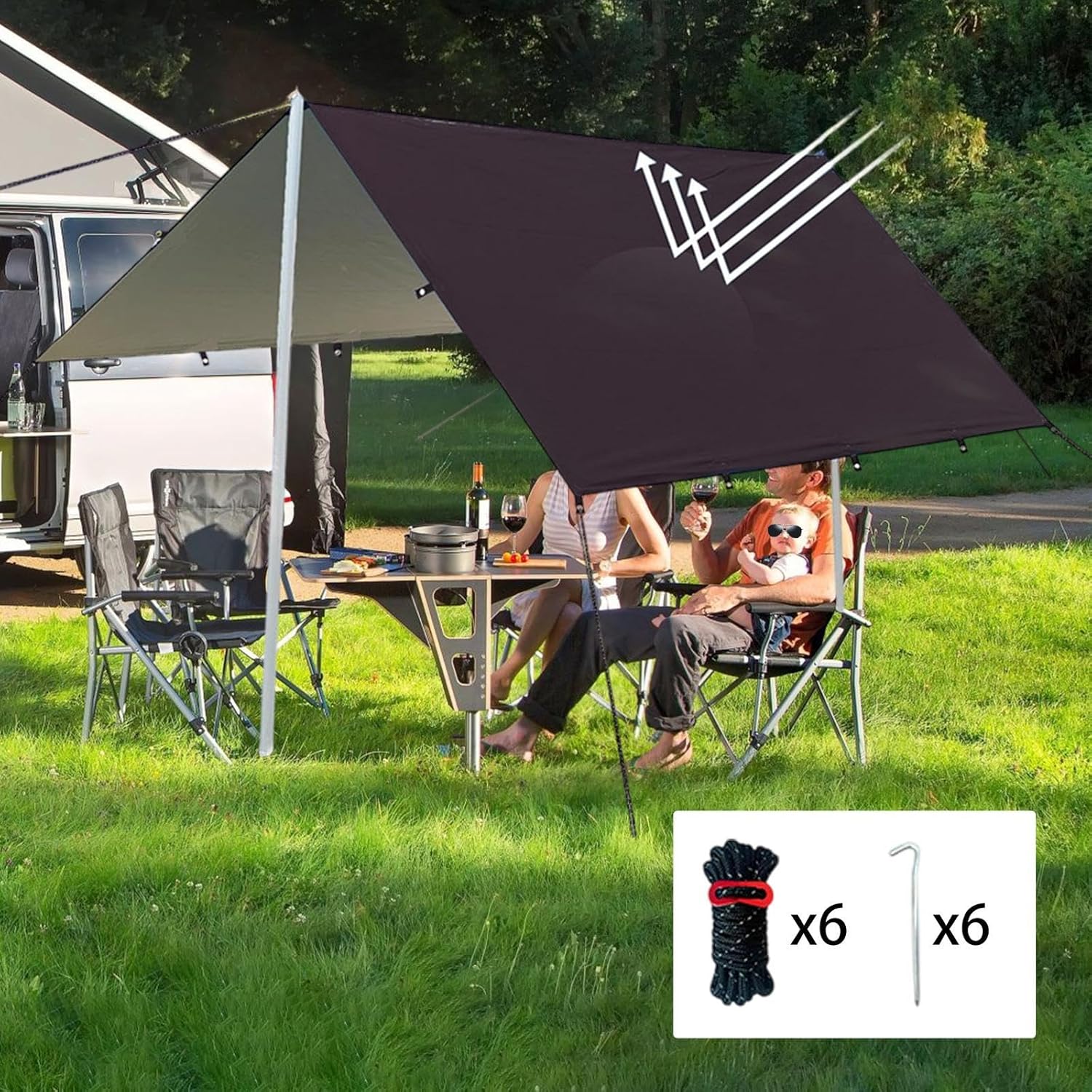 Camping Tent Tarp Sun Canopy Foldable with 6 Stakes and 6 Ropes Waterproof Versatile for Picnic Simple Assembly, Black L