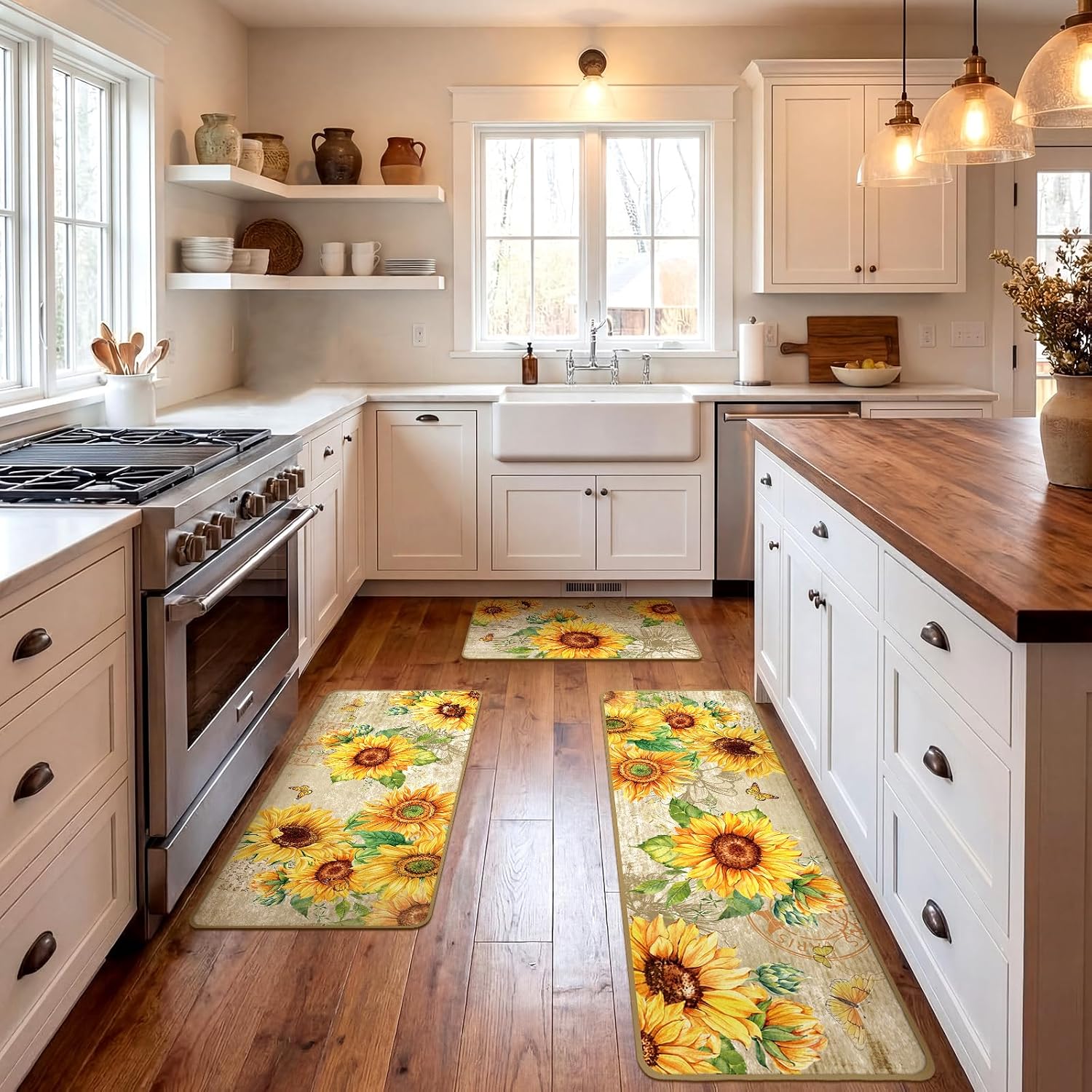 Fourluoo 3 Pcs Sunflower Kitchen Rugs and Mats Set Non Slip Kitchen Rugs Washable Summer Door Mats for Floor Home Bathroom Cabin Summer Decor and Accessories